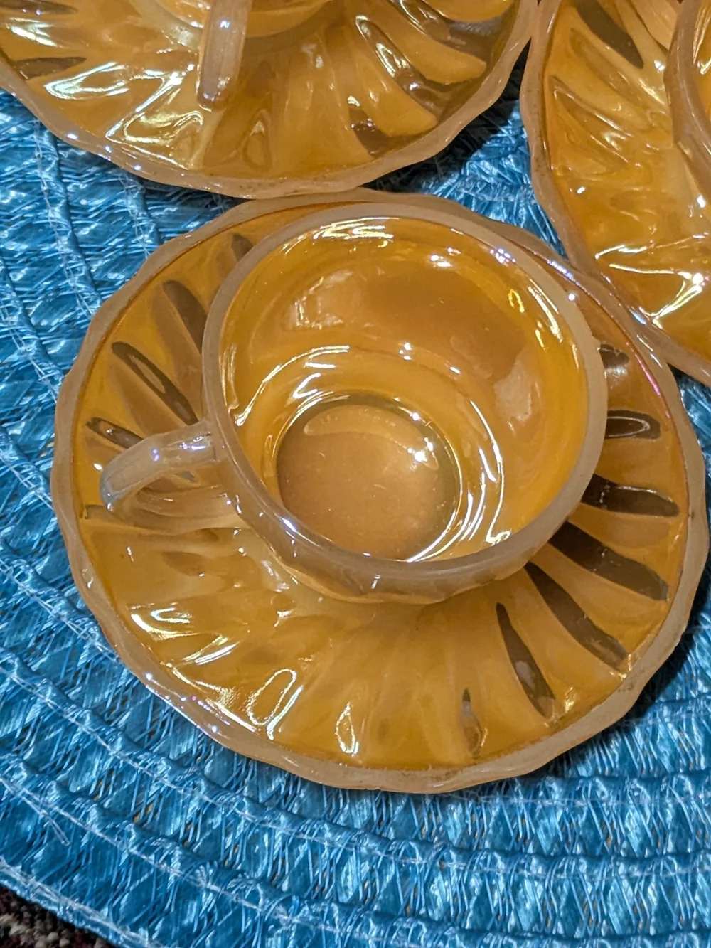 Vintage Peach Luster Glass Cup and Saucer Set - Vibrant Orange Home Dining